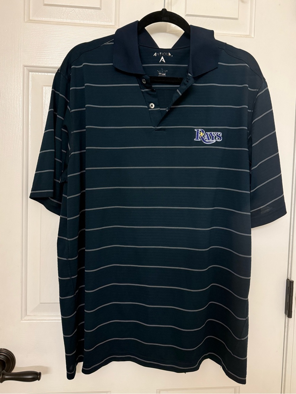 MLB Tampa Bay Rays Men's Navy & White Stripe Polo Shirt by Antigua
